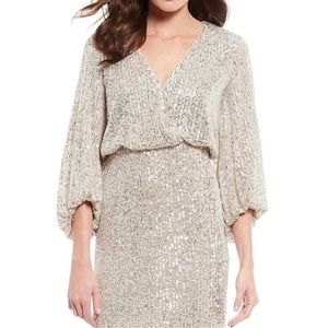 Eliza J Allover Sequin Surplice V-Neck 3/4 Sleeve Blouson Mini Cocktail Dress